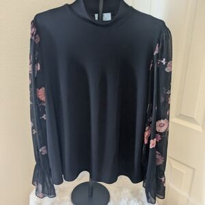 CeCe 2X Black Mock Neck Blouse Sheer Floral Bell Sleeves